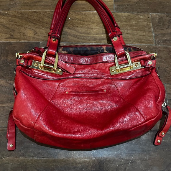 B. Makowsky Red Leather Shoulder Bag with Gold Accents - Picture 1 of 4